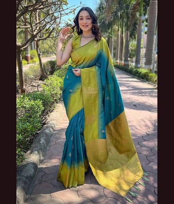 Sanwariya Silks Silk Blend Self Design Saree With Unstitched Blouse Piece ( Teal )