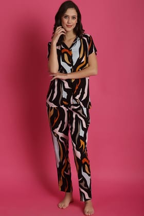 Black Abstract Printed Viscose Rayon Night Suit-S