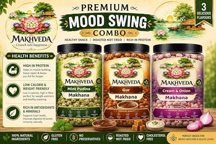 MAKHVEDA - Superfood Mood Swing Combo Makhana Roasted Fox Nuts Popped Lotus Seeds Healthy Snack Low Calorie High Protein Gluten Free Crunchy & Delicious Flavours Roasted In Olive Oil (Gud, Mint Pudina, Cream & Onion) MAKHVEDA - Superfood Mood Swing Combo Makhana Roasted Fox Nuts Popped Lotus Seeds Healthy Snack Low Calorie High Protein Gluten Free Crunchy & Delicious Flavours Roasted In Olive Oil (Gud, Mint Pudina, Cream & Onion)