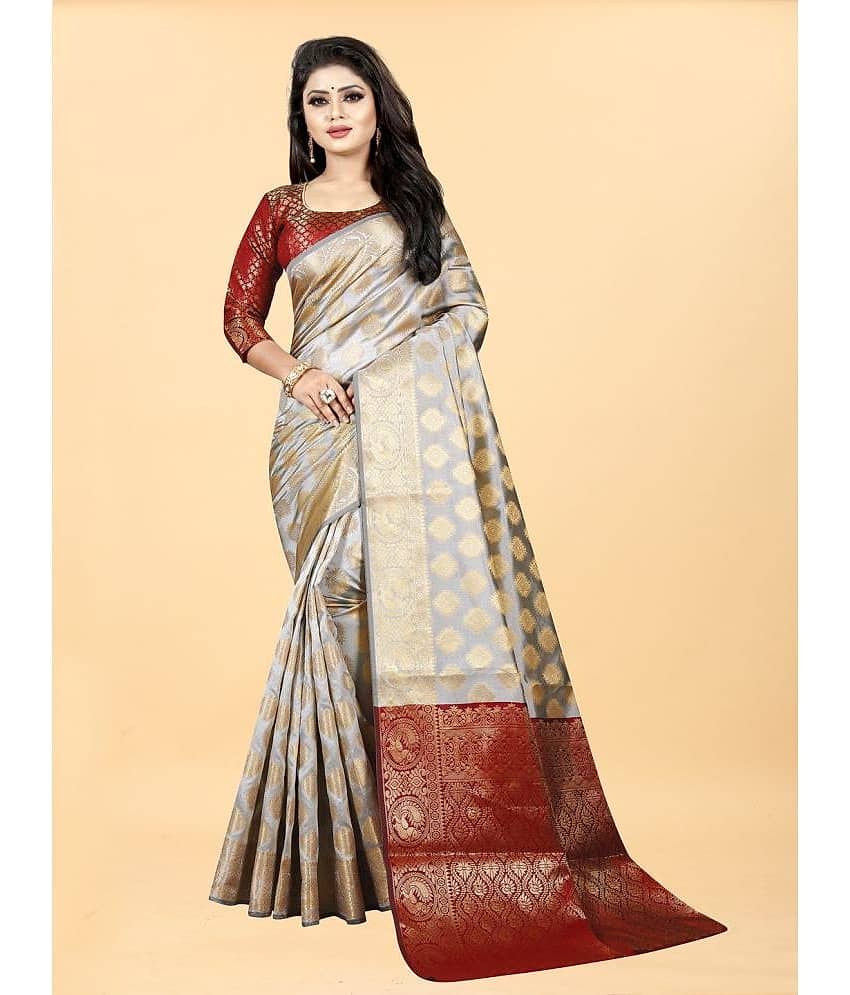 Gazal Fashions Banarasi Silk Embellished Saree With Unstitched Blouse Piece ( Cream )