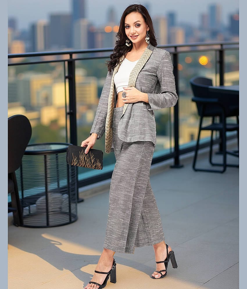 Zima Leto Women Solid Coat With Trousers Co-Ord Set ( Grey )