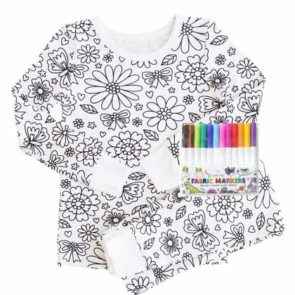 Arni Arts Magic Coloring Pajama Set Top and Bottom with Floral Flutter Print and 12 Washable Markers for Kids Age 8 to 9 Years