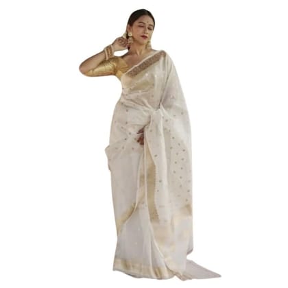 Women's Cotton Printed Saree With Unstitched Blouse 5.5Mtr (White)-PID60188