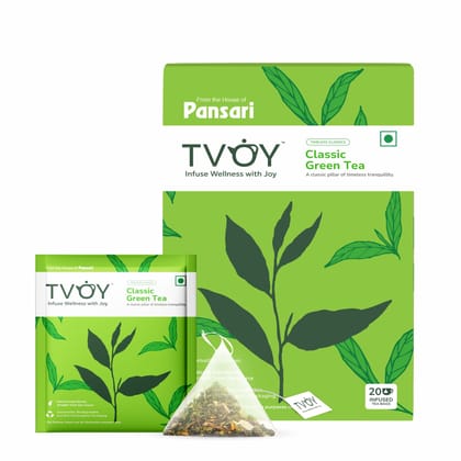 TVOY Classic Green Tea Bags - 20 Biodegradable Pyramid Bags | 100% Organic Leaves | Non-Carcinogenic | Premium Green Tea for Weight Loss, Detox & Relaxation | Antioxidant-Rich