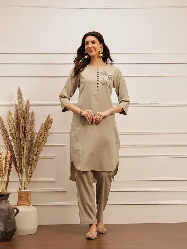 Taupe Grace Embroidered Kurta Set