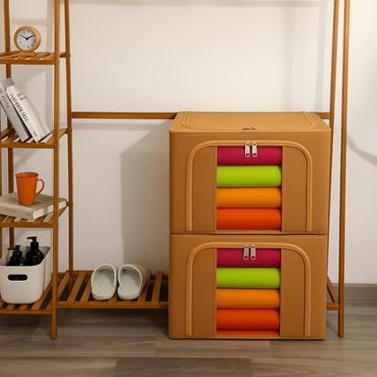 Panchhi Store Wardrobe Organizer for Storage 66 Liter Storage Box and Organiser for Clothes Oxford Fabric Steel Frame Almirah Organizer with Zipper & Clear Window with Handle Desert Color