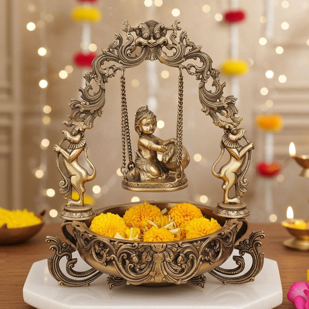 Brass Flower Urli with Krishna - Decorative Brass Bowl, Diameter : 15.5 Inch (BSMAS012 M)