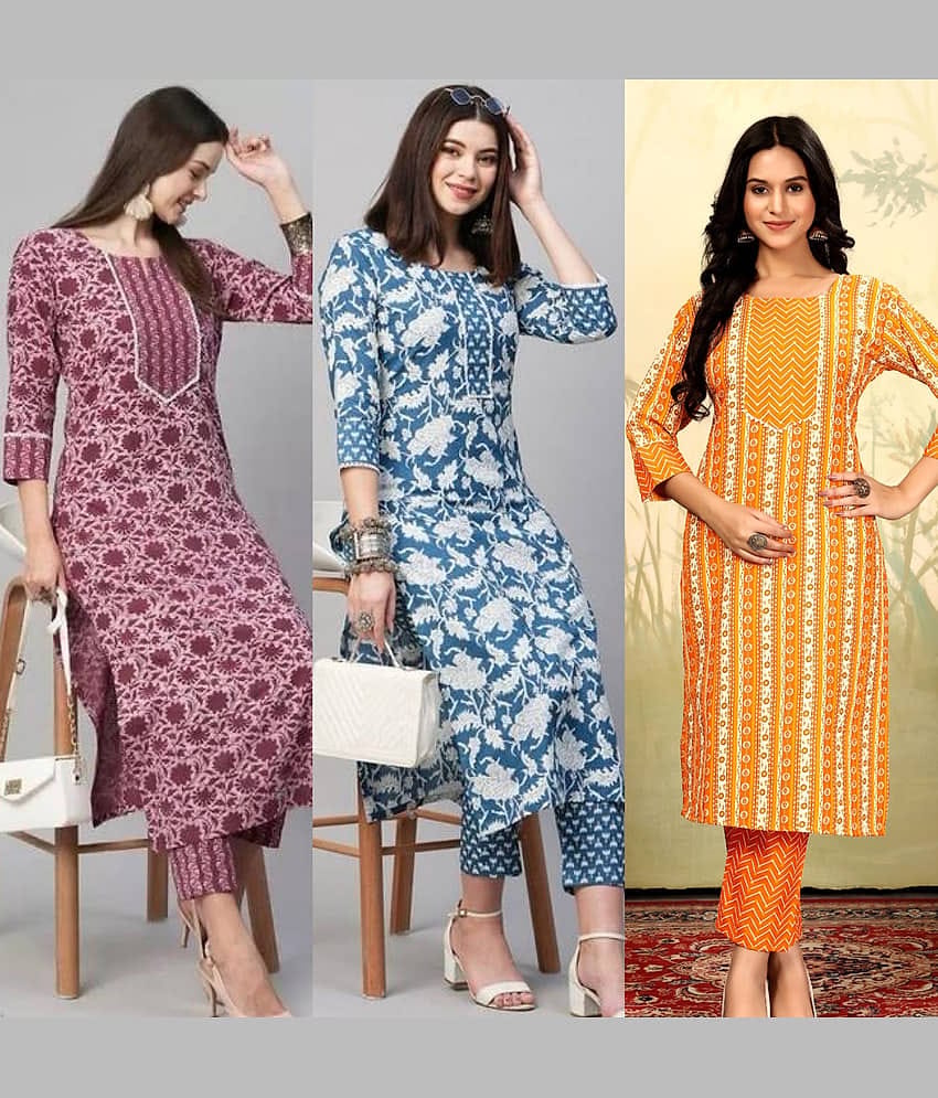 YAGNIK FASHION Women Cotton Blend Self Design Straight Kurti With Pants ( Multicolor )