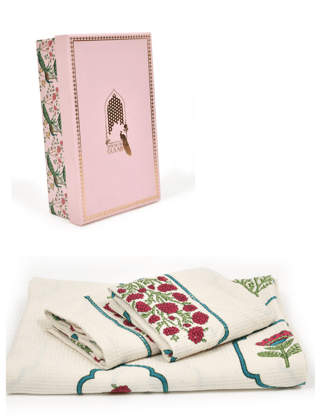 Gift Set - Handblock Printed Towels - 1 Bath + 2 Hand Towels-Hand Block / 30X60 Inches, 15X30 Inches / 1 Bath,2 Hand Towel
