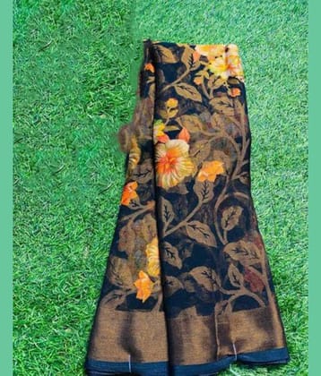 Sitanjali Brasso Printed Saree With Unstitched Blouse Piece ( Navy Blue )