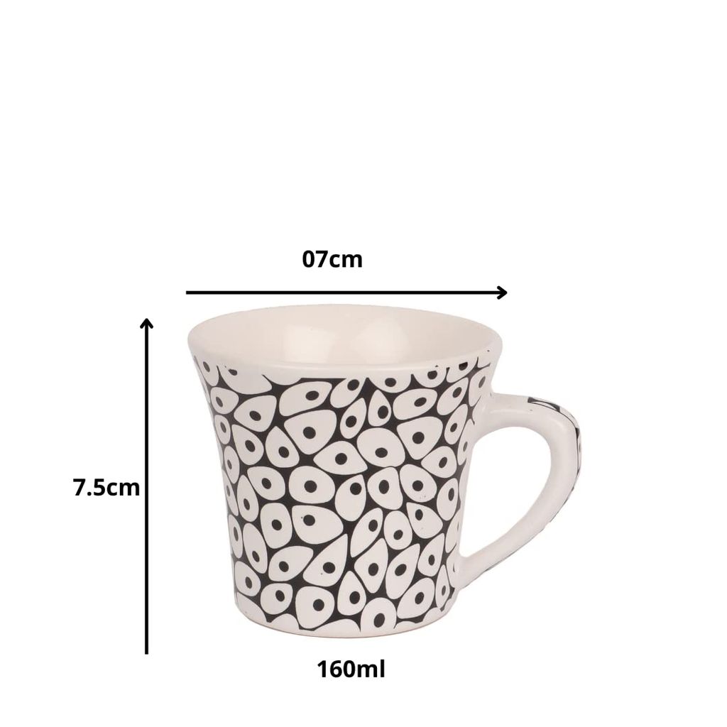 Femora Handcrafted Indian Ceramicware White Dots Tea Cups, 190 ML, 6pcs