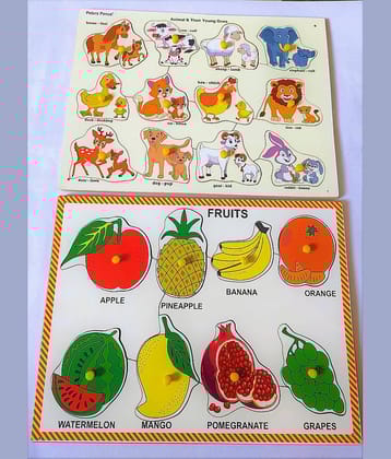 Peters Pence Wooden FRUITS & ANIMALS WITH THEIR YOUNG ONES LEARNING PUZZLE BOARD FOR KIDS PRE PRIMARY EDUCATION