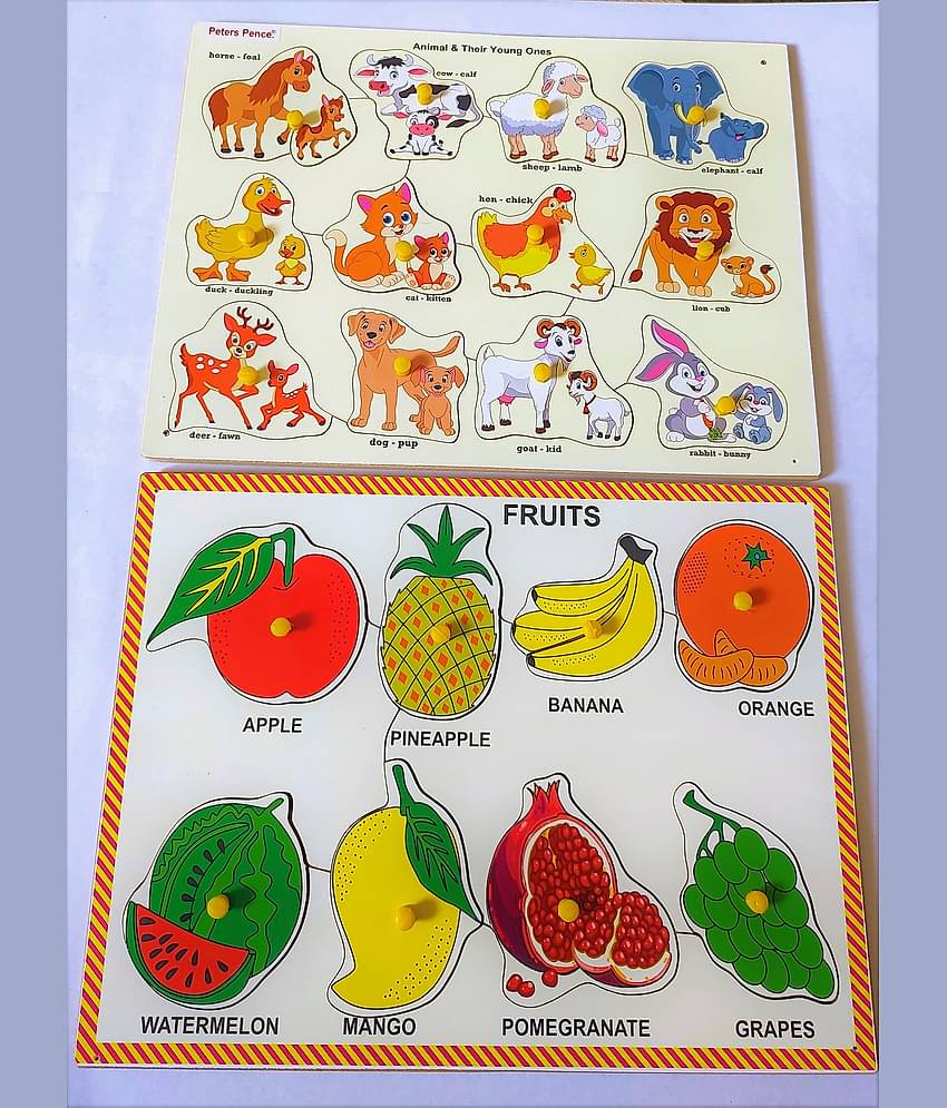Peters Pence Wooden FRUITS & ANIMALS WITH THEIR YOUNG ONES LEARNING PUZZLE BOARD FOR KIDS PRE PRIMARY EDUCATION
