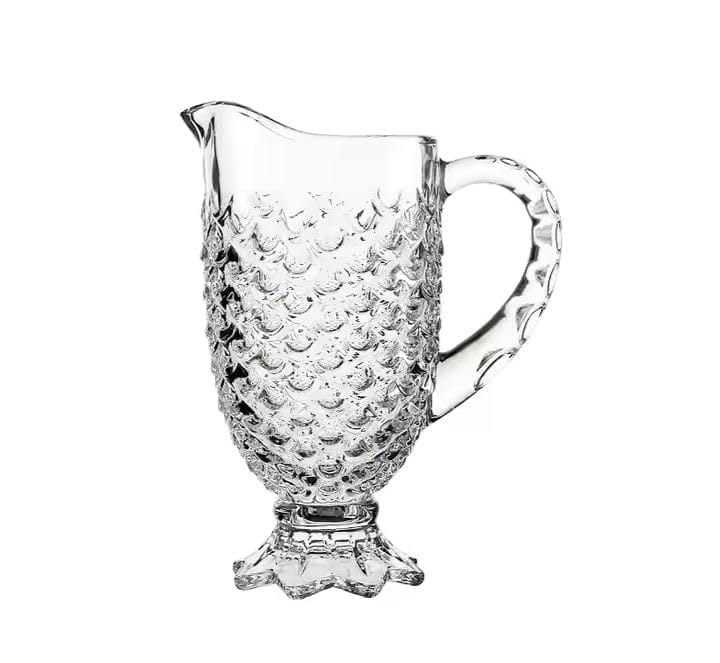 Italian Premium Glass Water Jug with Plastic Lid & Handle | 1.3 Littre |Transparent Carafe for Home, Office | Pitcher for Serve Water, Milk, Juice, Beverage, Chaas, Cocktail |