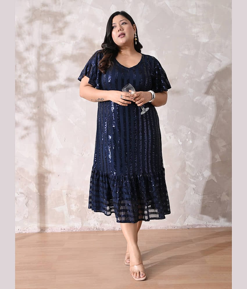 PrettyPlus by Desinoor.com Women Lycra Embellished A-line Dress ( Navy )