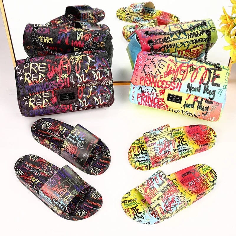 Purse And Shoe Sets New Graffiti Shoes Matching Sandals Slides Women Bags And Slippers Purses And Handbags
