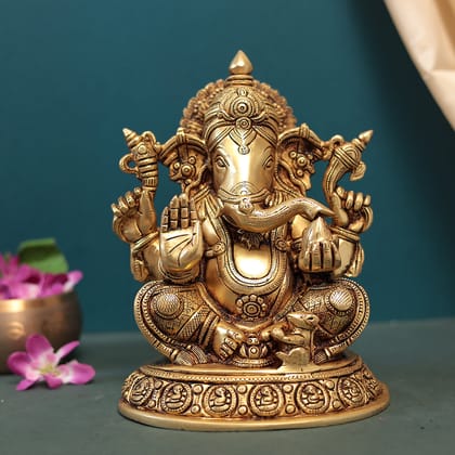 Brass Divine Lord Idampuri Ganesha Idol In Big Size-H*L*W - 10*7.5*5.2 Inches (25*19*13 Cm)