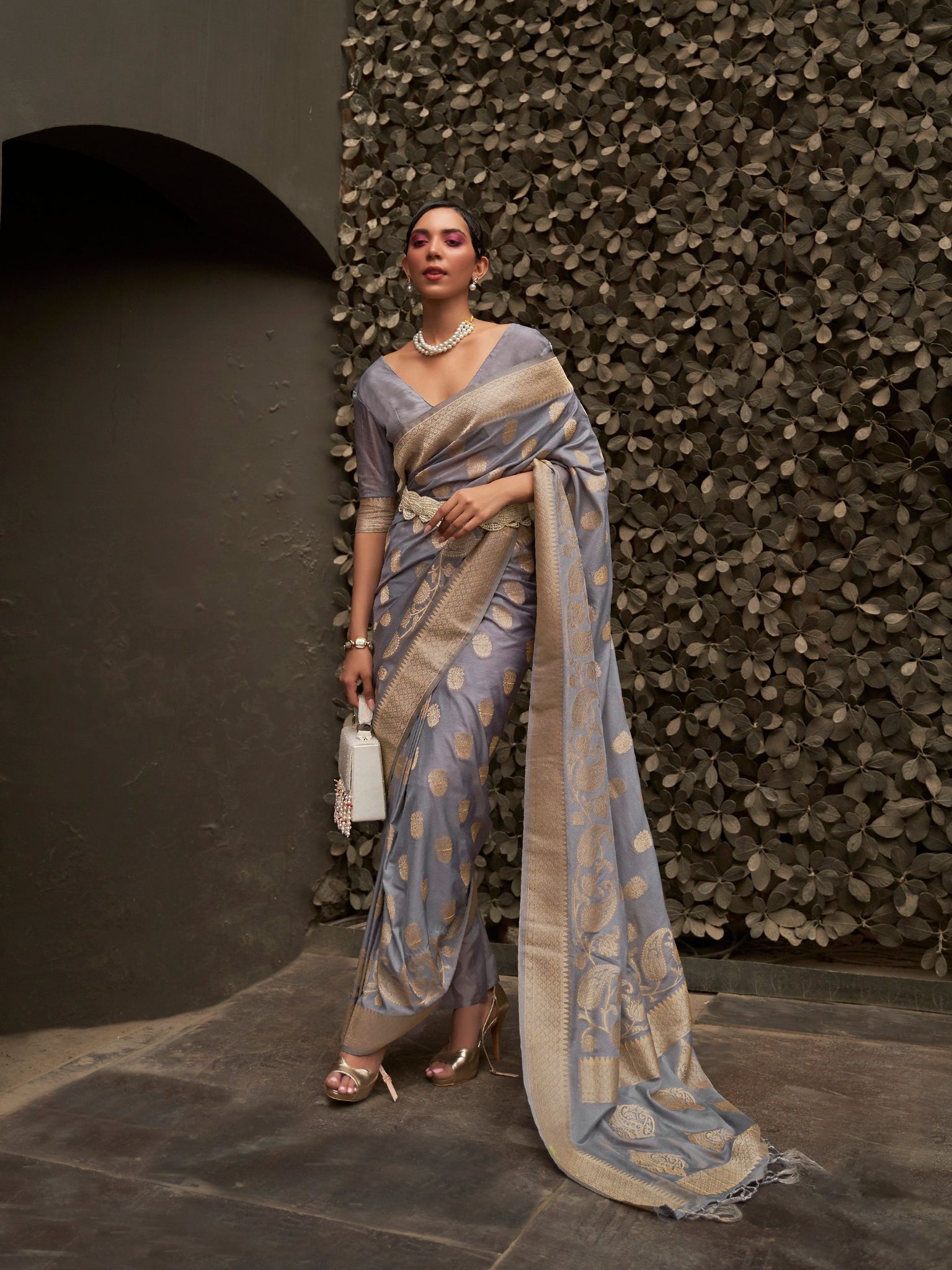 Grey Nylon chiffon Saree With Zari Weaving Saree