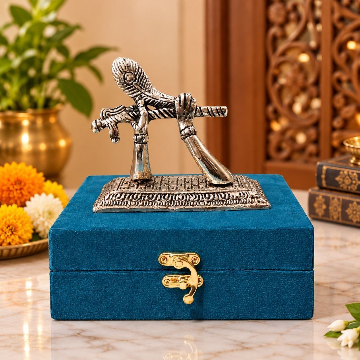 Aluminium Krishna Ji Hand Holding Flute Showpiece | Lord Krishna Statue | Decorative Home Decor Idol, Height : 4 Inch (ASMAS543 S)