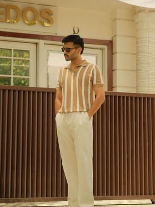 Old Money Stripe Polo - Caramel bars-Large