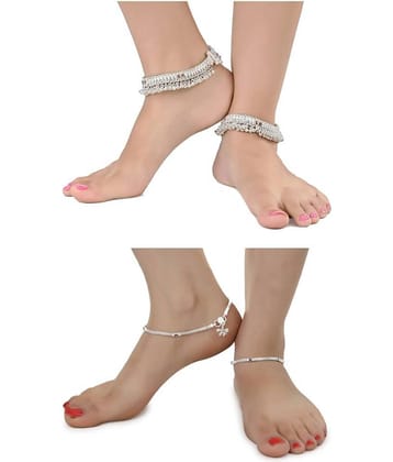 AanyaCentric Combo of 2 Pair Silver Plated White Metal Indian Traditional Ethnic Payal Anklets