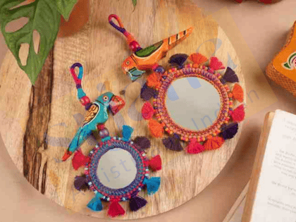 Srjana Thread and Bead Tassel Hanging with Mirror 2pc Srjana Thread and Bead Tassel Hanging with Mirror 2pc