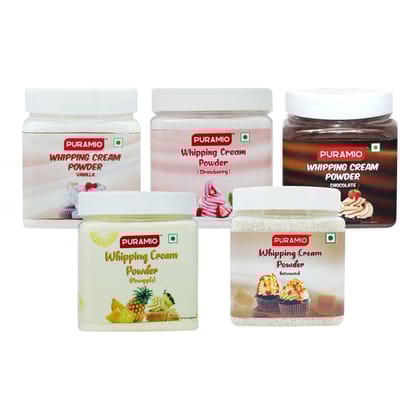 Puramio Whipping Cream Powder (Vanilla, Chocolate, Pineapple, Strawberry And Butterscotch), 250 gm Each - Pack of 5