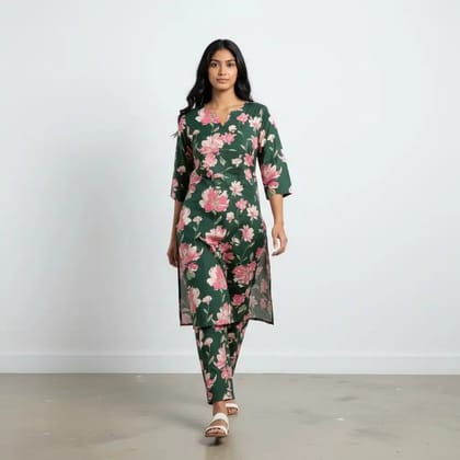 Teal Green Floral Screen-Print Cotton Kurti and Trouser Set