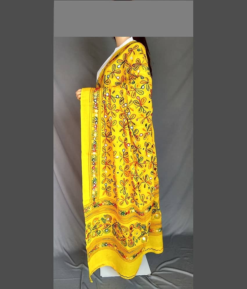 Raj Yellow Cotton Aari Embroidered Dupatta - Single