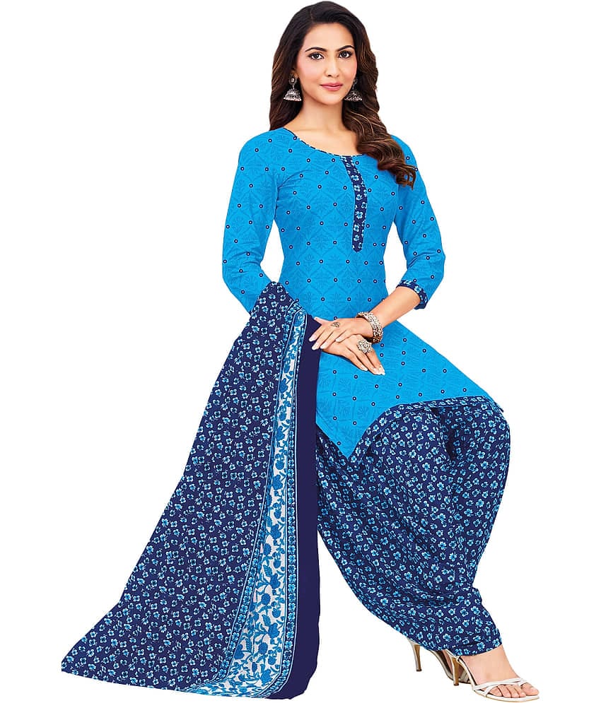 SIMMU Women Cotton Printed Straight Kurti With Patiala Salwar ( Blue )