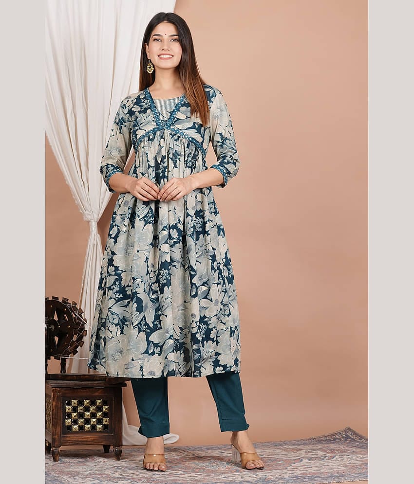 Akiko Chiffon Printed Kurti With Pants Women's Stitched Salwar Suit - Blue ( Pack of 1 )