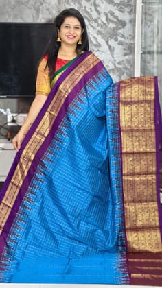 Pure Pochampally Ikkat Silk Kanchi Border Ananda Blue Body Lavender Pallu Same Pallu As Blouse