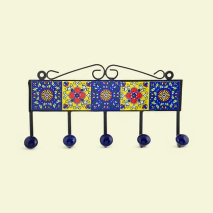Blue Pottery Inspired Decorative Key HolderBlue & Yellow5 Hooks