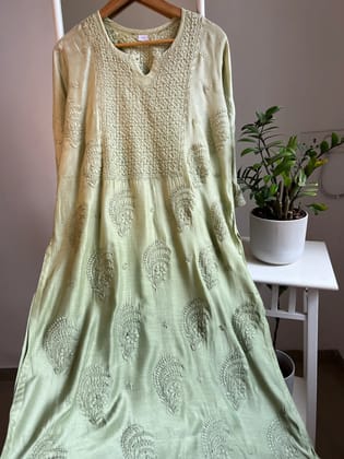 Muslin Chikankari Kurti - Green Ombre-Green / Muslin / XL