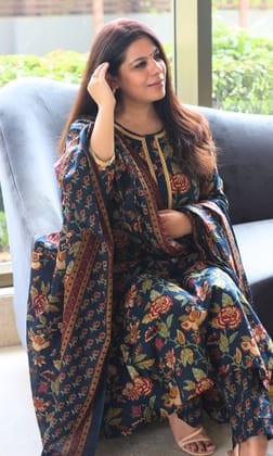 Cotton Navy Blue Printed Suit Set with Printed Cotton Dupatta-XXS