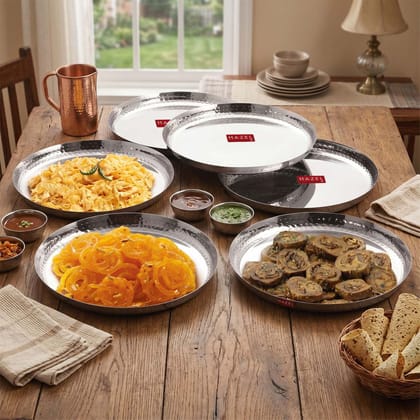 HAZEL Stainless Steel Dinner Plate 30.2cm , Stylish Hammered Walls Thali for Lunch, Tiffin Plates, Ideal for Home, Office & Restaurant, Pack of 6