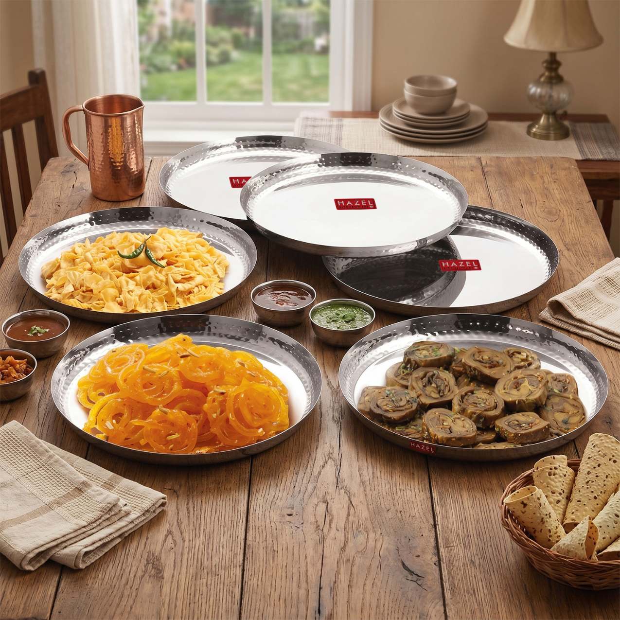 HAZEL Stainless Steel Dinner Plate 30.2cm , Stylish Hammered Walls Thali for Lunch, Tiffin Plates, Ideal for Home, Office & Restaurant, Pack of 6