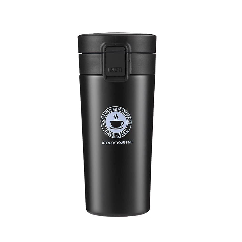 Little Station Coffee Mug with Lid Double Wall Stainless-Steel Tea Coffee Mug Tumbler with Flip Lid Hot and Cold for 6 Hours, 350ml (Black)