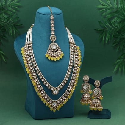 Yellow Color Meena Work Kundan Necklace Set (KN1458YLW)-Adjustable Rope / Yellow / Alloy With Good Quality Gold Plated