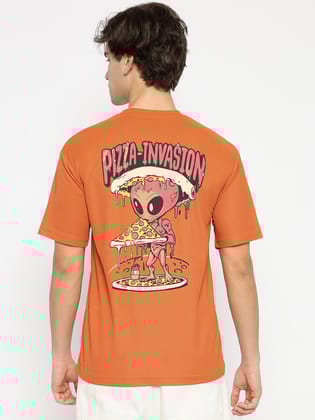 Pizza Invasion Back Print Oversized T-shirt Orange