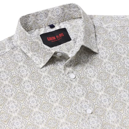 White with Gold and Black Ornate Pattern Slim Fit Full Sleeve Shirt (GP009)-S-36 / Full Sleeve