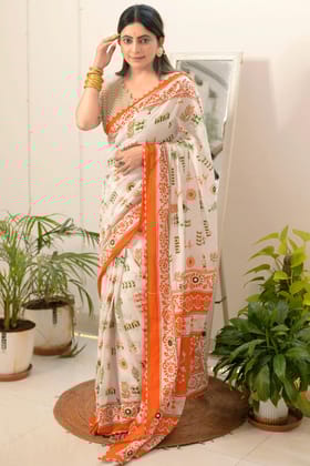 Handicraft Women's Ikat Hand Print Pure soft Cotton Saree With Blouse Piece