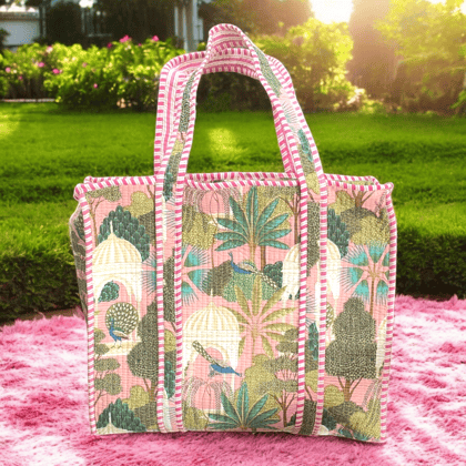 Quilted Tote Bag with zip - peacock pink