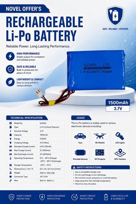 NOVEL 3.7V 1500mAh Lithium Polymer Rechargeable Battery Single Cell Model 523450 | Compatible with Portable Electronics, GPS Devices, Speakers and DIY Projects