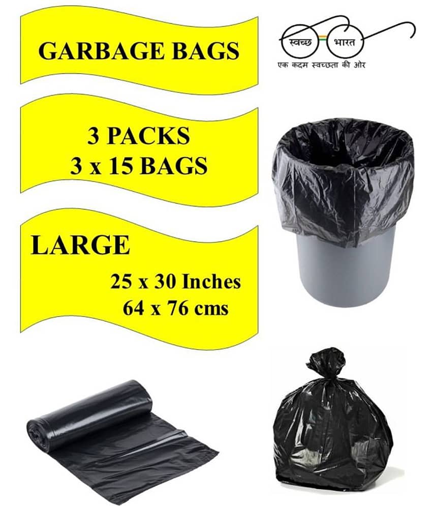 Navrachana Garbage Bags| Large:25X30 |3 Packs of 15 Pcs-45 Pcs | Recyclable Garbage Dustbin Bags - Black