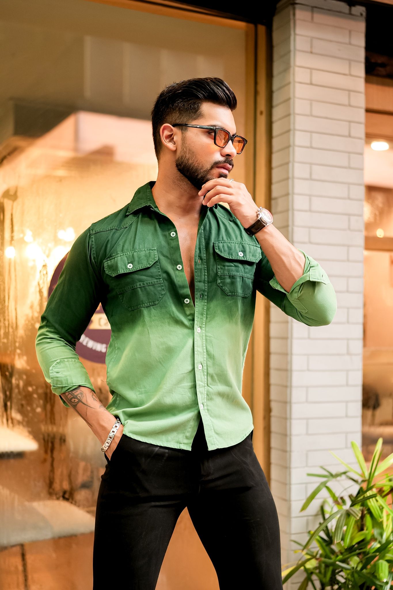 Green Double Shade Cotton RFD Designer Shirt