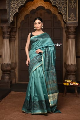 Parampara ~ Pure Tussar Silk Saree in Serene Sea Blue with Exquisite Madhubani HandPainted Saree