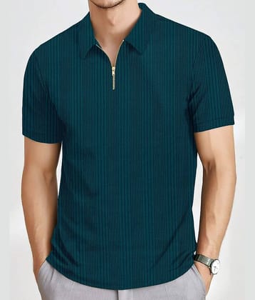 KAJARU Men Polyester Regular Fit Self Design Polo T Shirt ( Teal Blue )