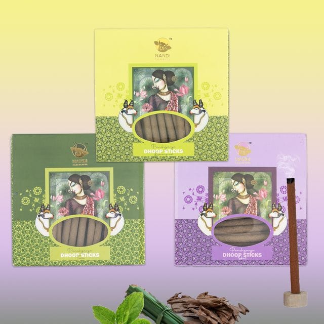Nandi Panchgavya 100 Percent Cow Dung Dhoop Sticks for Pooja (Tulsi, Lemongrass, Oud Fragrance -Pack of 3,150 Sticks)