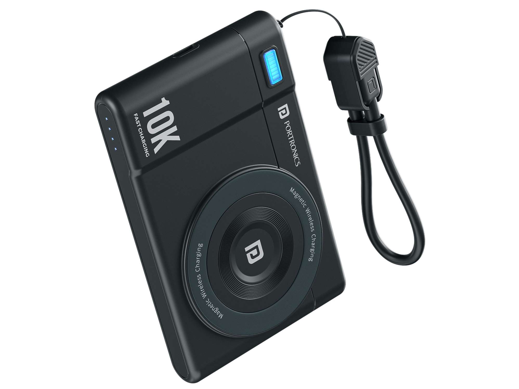 Potronics Power Shutter Air 10K 15W Wireless Output, 22.5W Wired Output,  In Built Type C Cable, Light Weight - Black